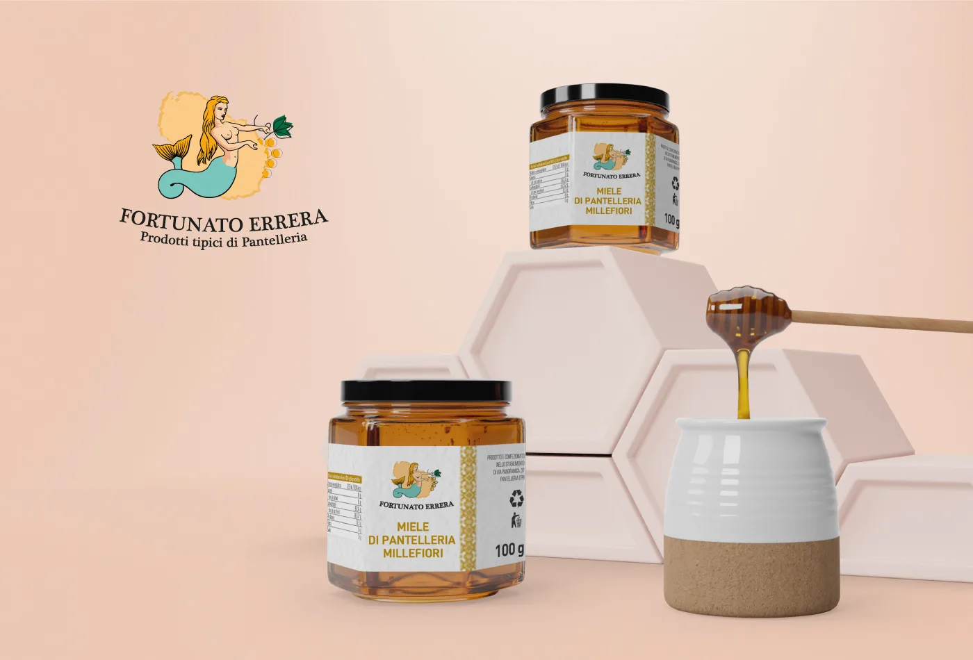 Etichette Fortunato Errera su due vasetti di miele di Pantelleria millefiori