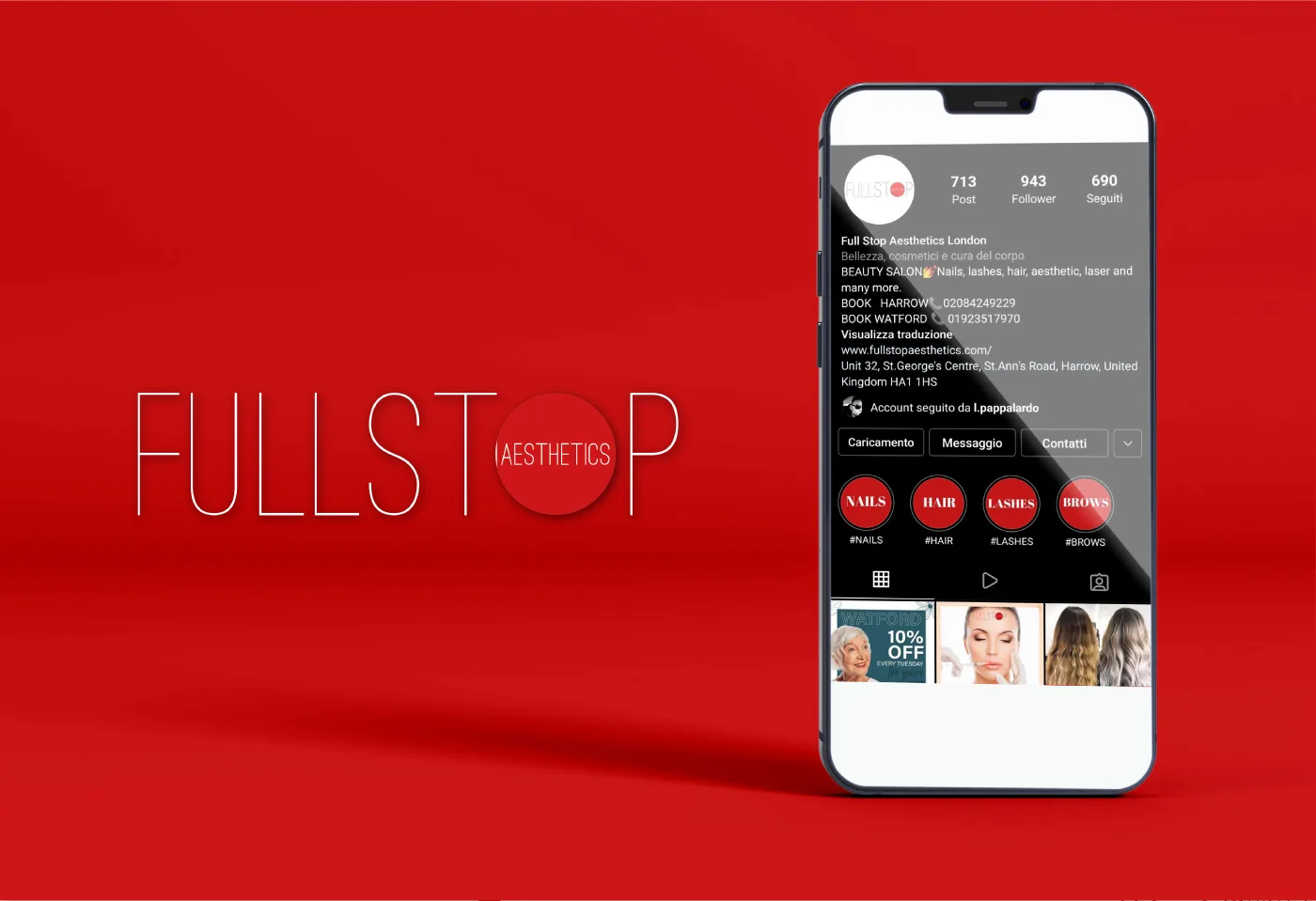 Logo Full Stop Aesthetics su fondo rosso e profilo Instagram dei saloni su smartphone