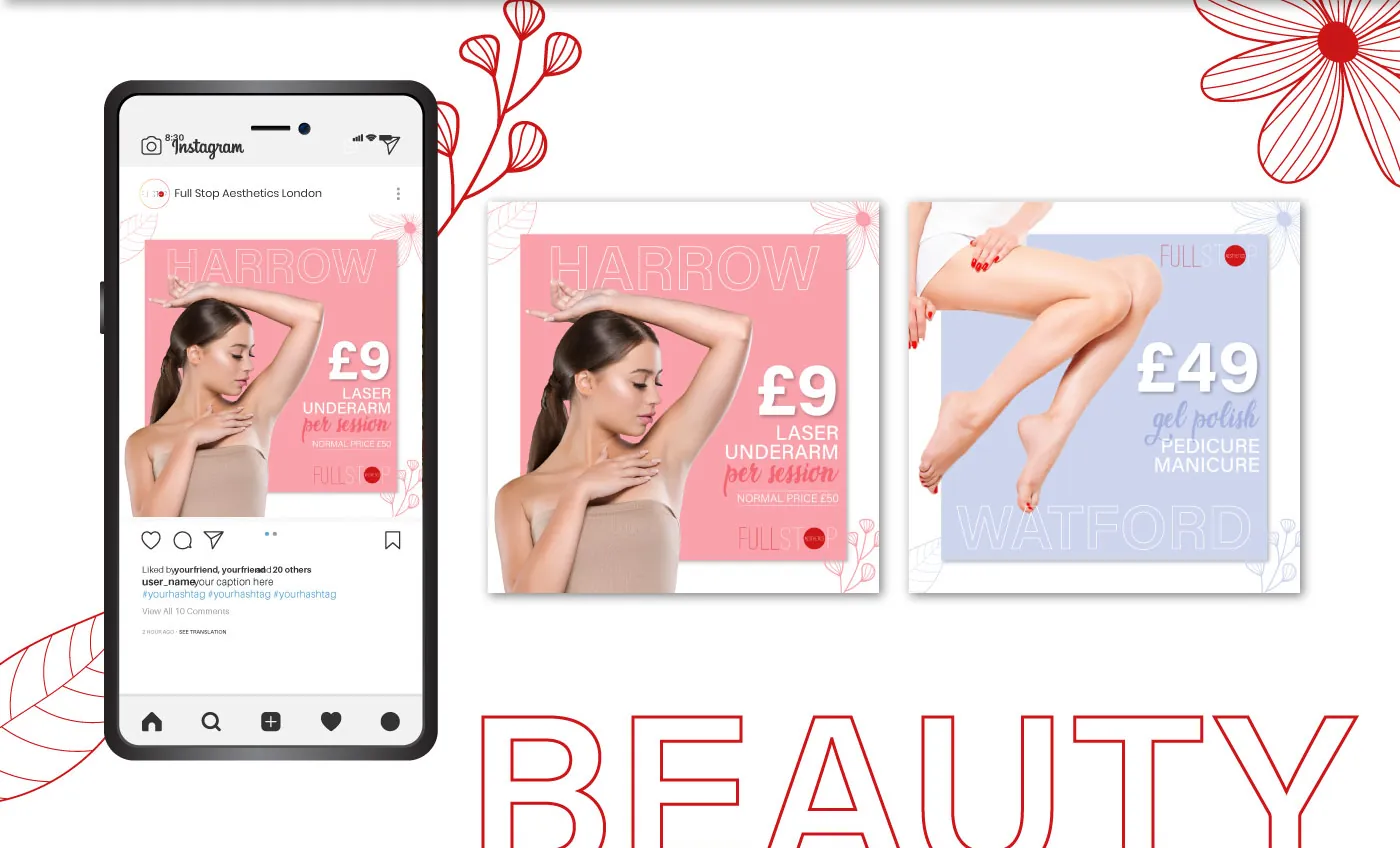 Serie Beauty: post su smartphone e due grafiche con offerte per Harrow e Watford