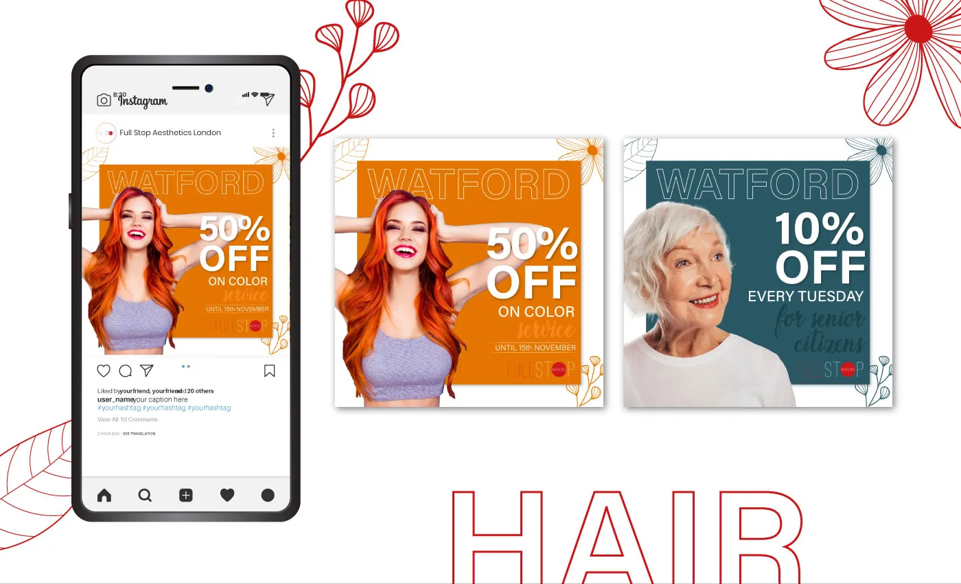 Serie Hair: post su smartphone e due grafiche con offerte del salone di Watford