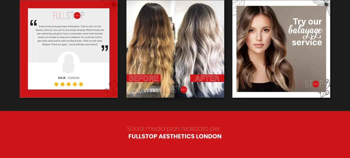 Recensione, prima e dopo del colore e post Try our balayage service, sopra la dicitura finale
