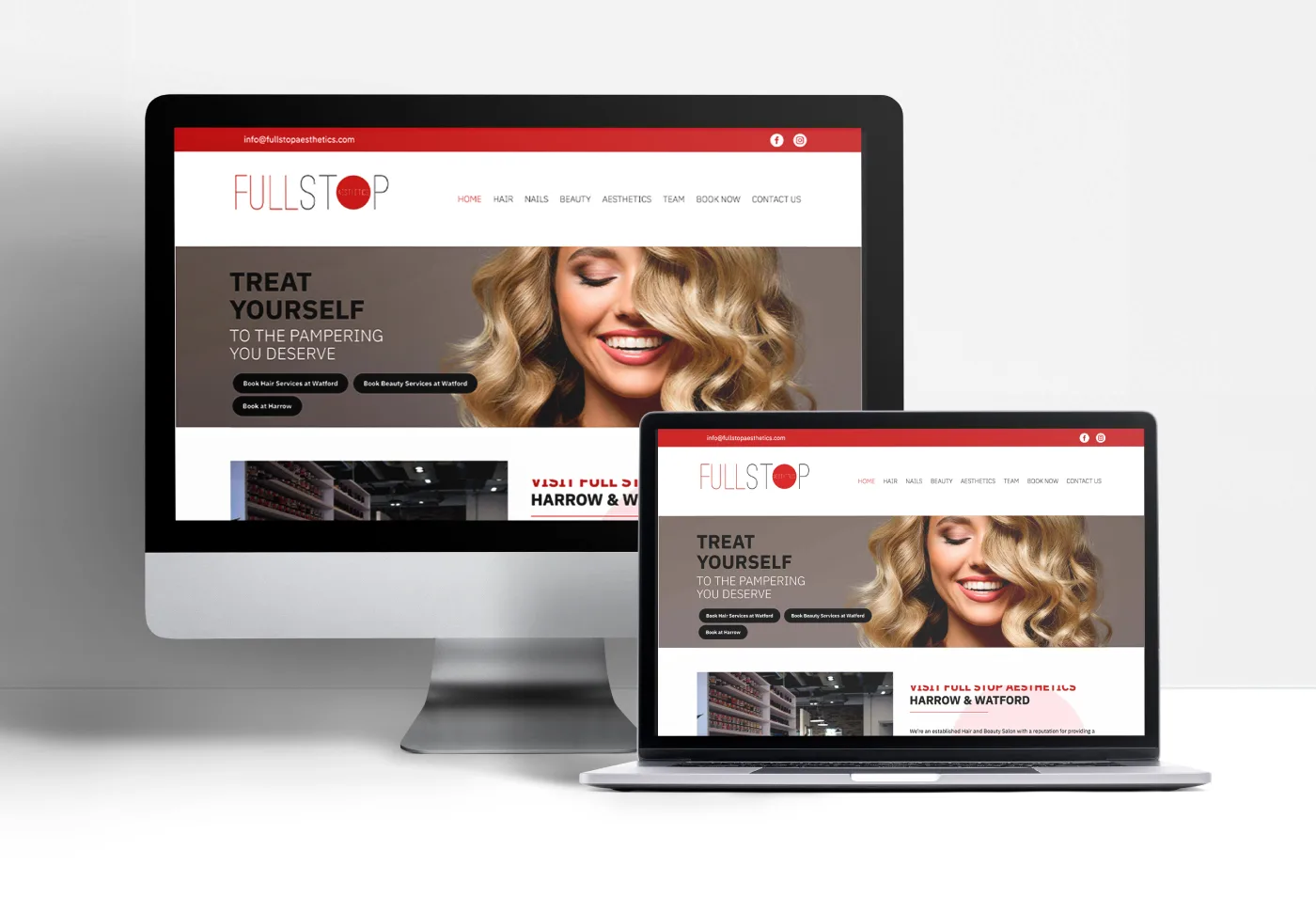 Sito web dei saloni Full Stop Aesthetics, Harrow e Watford, su monitor e portatile