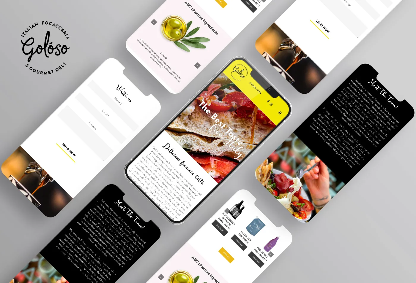 Sito web di Goloso, Italian focacceria e gourmet deli, su più schermi di smartphone