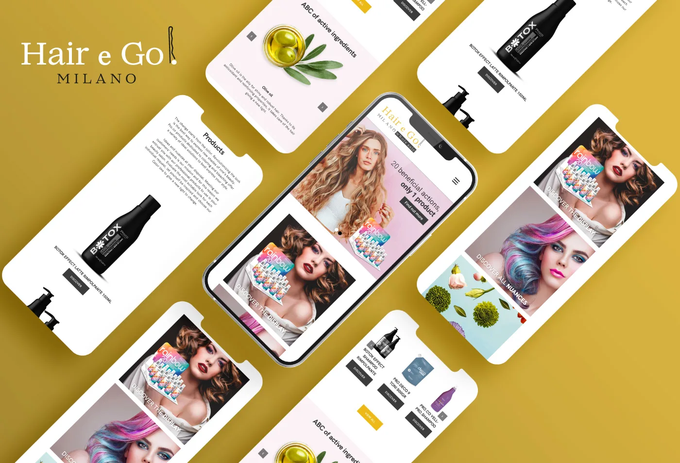 Sito web di Hair e Go Milano con prodotti per capelli, su più schermi di smartphone