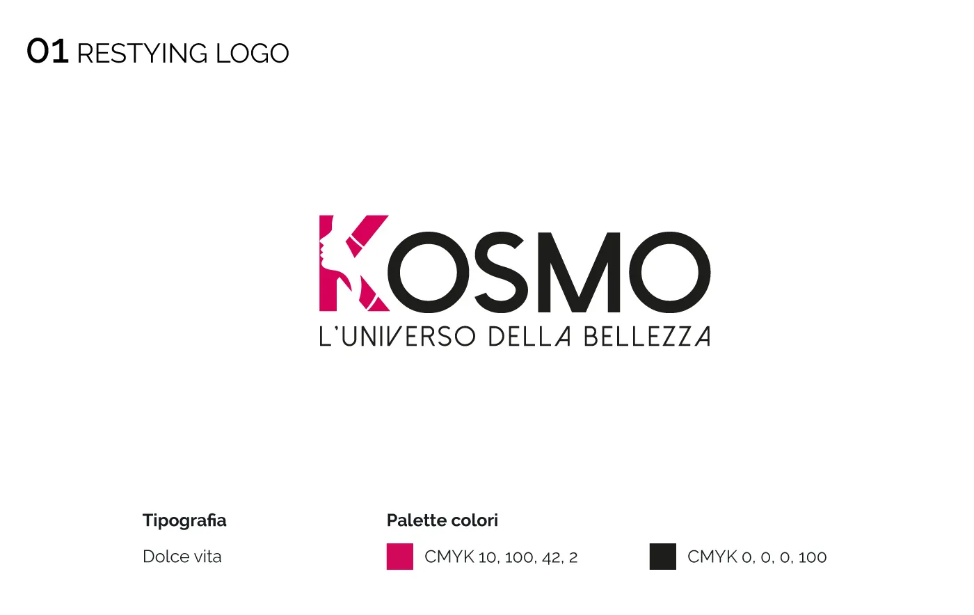 Tavola del restyling del logo Kosmo con il carattere Dolce vita e due colori in CMYK