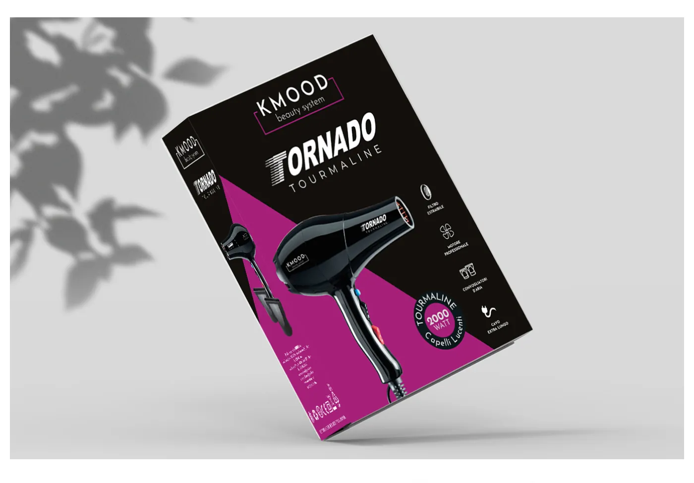 Scatola nera e magenta dell'asciugacapelli Tornado Tourmaline della linea Kmood beauty system