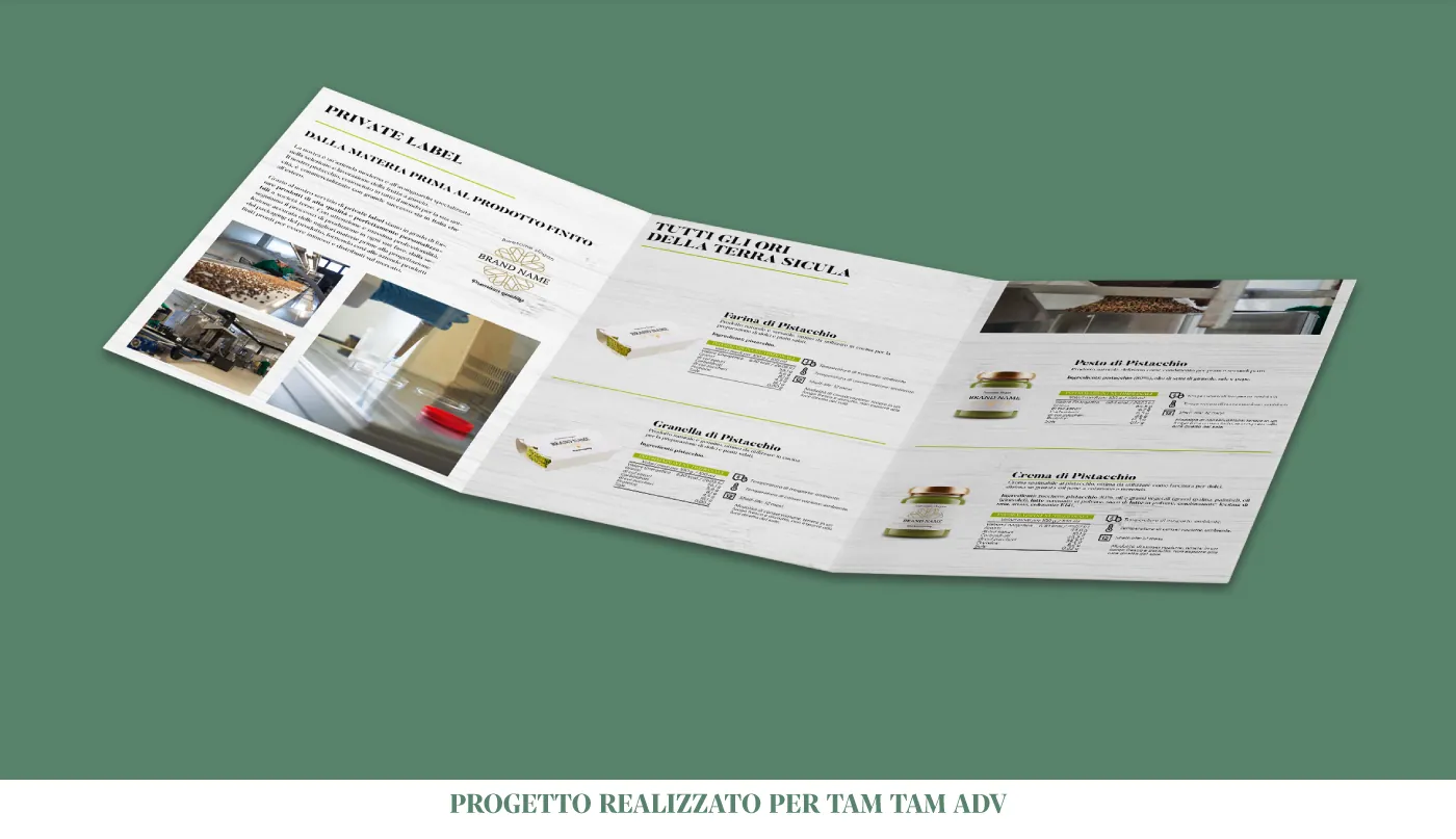 Pieghevole aperto a tre ante: servizio private label e farina, granella, pesto, crema di pistacchio