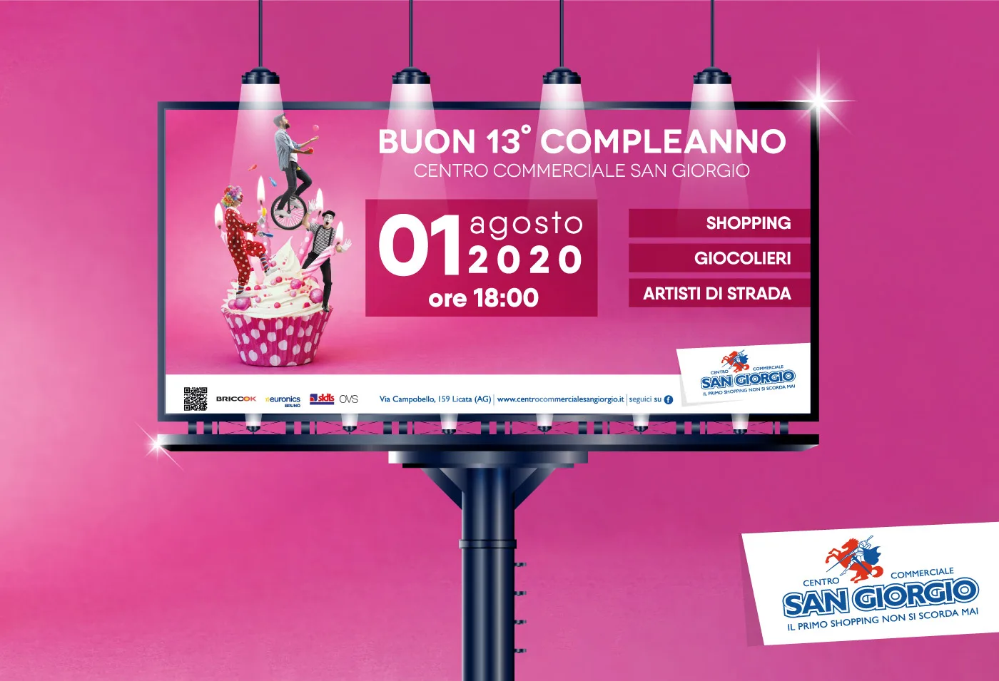 Affissione Buon 13° compleanno del Centro Commerciale San Giorgio: artisti di strada su un cupcake rosa